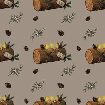 Seamless raster Yule log pattern with pine cones and evergreen branches on beige Stock Illustration