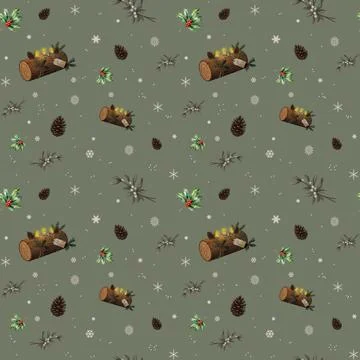 Seamless raster Yule pattern with logs, snowflakes, and holly on dark green Stock Illustration