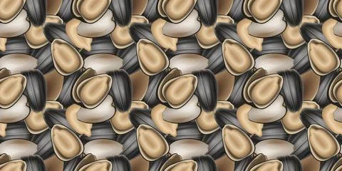 A seamless, realistic pattern of whole and shelled sunflower seeds. Stock Illustration