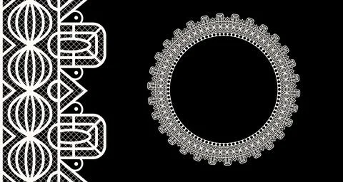 Seamless realistic textured lace border round frame isolated on black. Vintage Stock Illustration