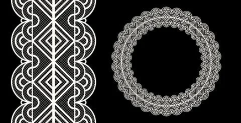 Seamless realistic textured lace border round frame isolated on black. Vintage Stock Illustration