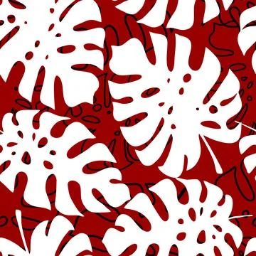 Seamless red and white pattern of tropical leaves contours, texture, design Stock-Illustration