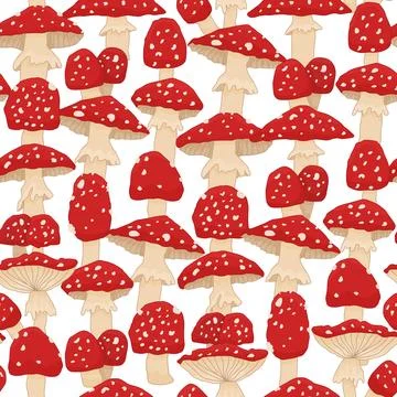 Seamless red beige pattern of set of fly agaric mushrooms on white background Stock Illustration