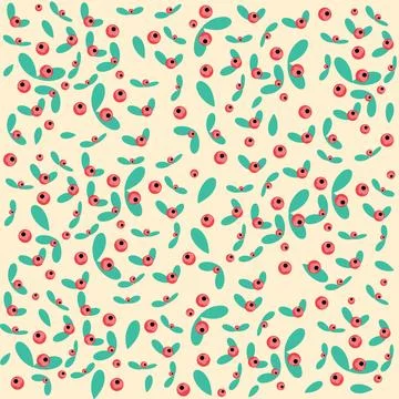 Seamless Red Berry and Teal Leaf Pattern on Cream Background 库存插图