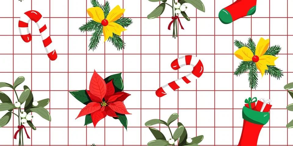 Seamless red checkered Christmas pattern, candy canes, poinsettias, mistlet.. Stock Illustration