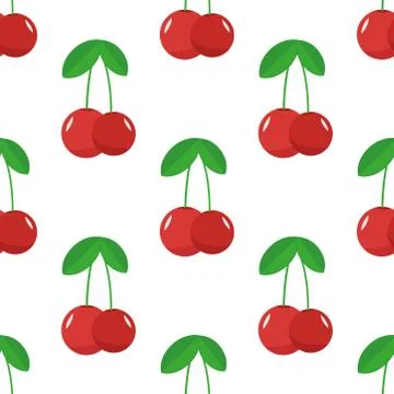 Seamless red cherry fruit pattern on white background. Stock Illustration
