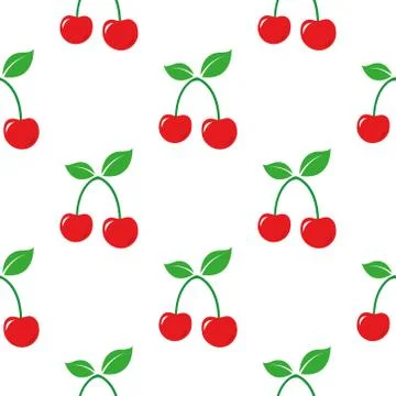 Seamless red cherry fruit pattern on white background. Stock Illustration