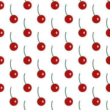 Seamless red cherry fruit vector pattern on white background. Stock Illustration