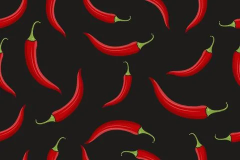 Seamless Red Chili Pepper Pattern on Black Stock Illustration