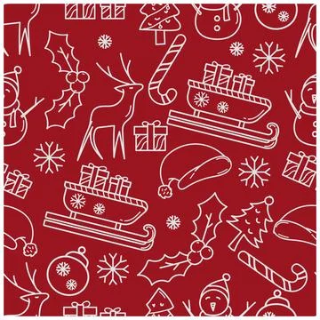 Seamless Red Christmas Pattern with Hand-Drawn Doodle Elements.Vector Illus.. Illustrazione stock