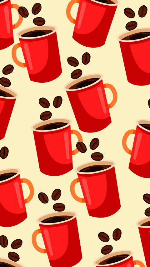 Seamless Red Coffee Cup and Roasted Coffee Beans Pattern Background Colorful Stock Footage 345686892