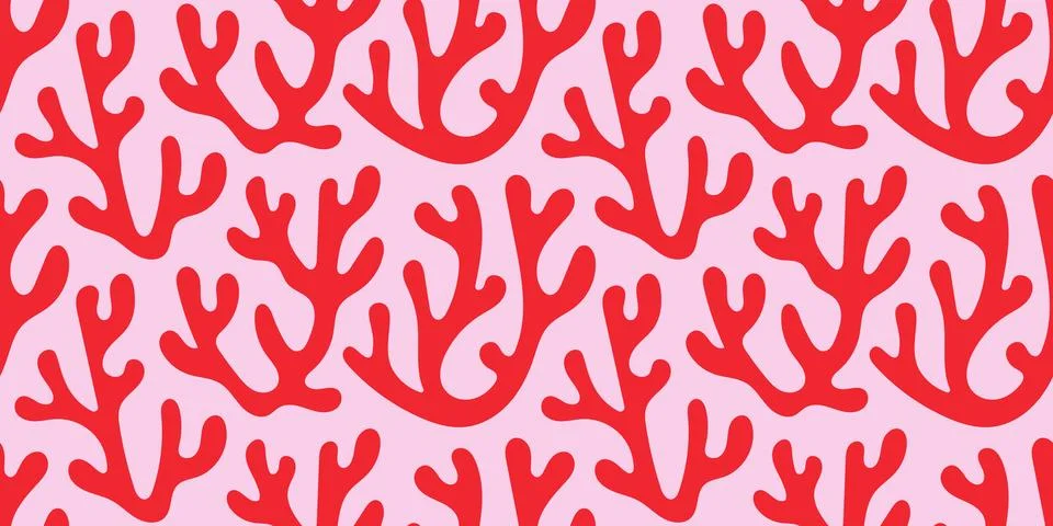 Seamless red coral reef pattern on soft pink background, vector marine cutout Stock Illustration