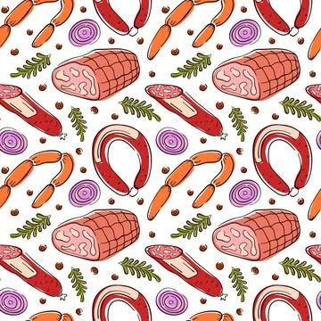 Seamless red flat style pattern with sausage, ham, herbs, onion slice and Stock Illustration