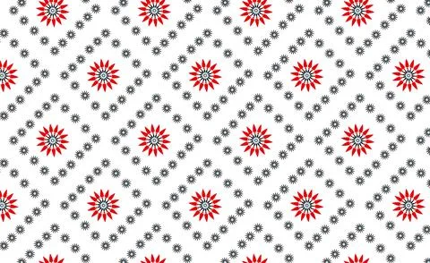 Seamless Red Floral Geometric Pattern With Black Star Rosettes On White Bac.. Stock Illustration