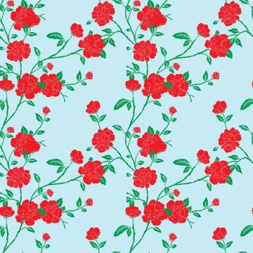 Seamless red garden rose pattern design on turquoise background. Stock Illustration