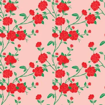 Seamless red garden rose pattern design on pink background. Stock Illustration