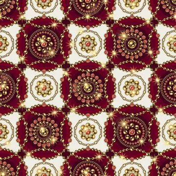 Seamless red geometric pattern with round jewelry ornaments in staggered mann Stock Illustration