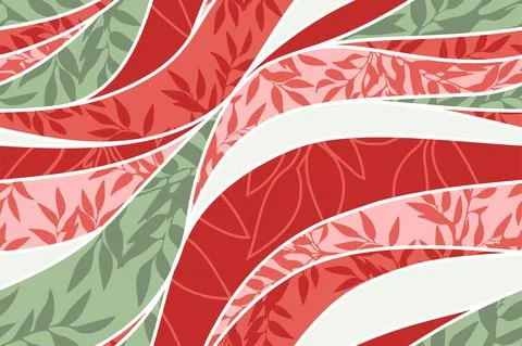 Seamless red-green pattern with waves and leaves Stock Illustration