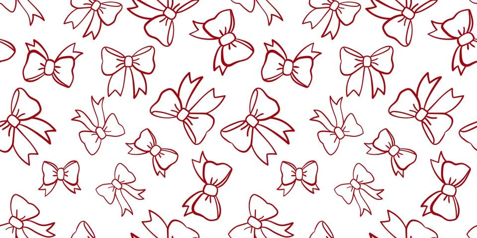 Seamless red hand-drawn bow pattern on white background. Elegant decorative.. Stock Illustration