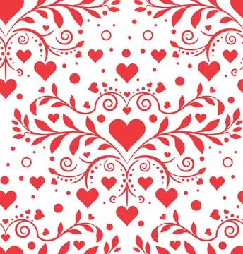 Seamless Red Heart Floral Pattern Design Stock Illustration