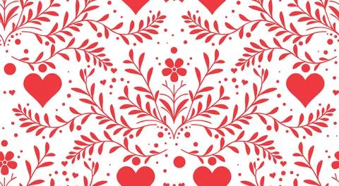 Seamless Red Heart Floral Pattern Design Stock Illustration