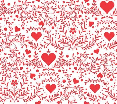 Seamless Red Heart Floral Pattern Design Stock Illustration