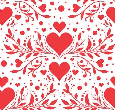 Seamless Red Heart Floral Pattern Design Stock Illustration