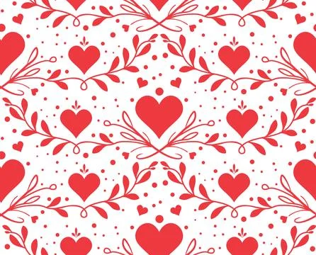 Seamless Red Heart Floral Pattern Design Stock Illustration