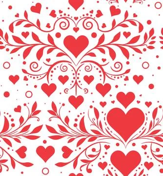 Seamless Red Heart Floral Pattern Design Stock Illustration