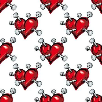 Seamless red hearts with nails background pattern Stock Illustration
