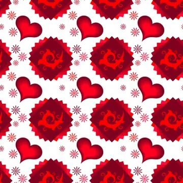Seamless of red multilayer hearts, squares and chamomiles Stock Illustration
