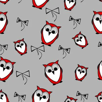 Seamless red owls birds pattern background with bows Stock Illustration