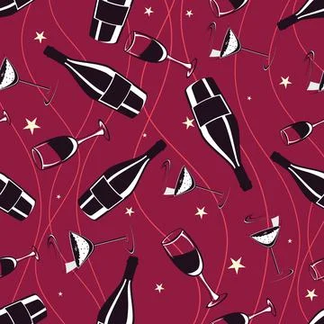 Seamless red pattern with champagne bottle &amp; wine glass for Party, New Year.. 스톡 일러스트