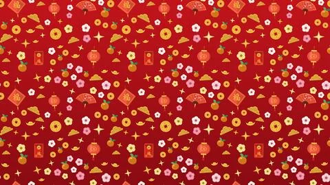 Seamless red pattern of lanterns, red envelopes, Fu and fans, Chinese New Y.. Stock Illustration