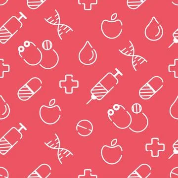 Seamless red pattern with outline icons medicine health Stock Illustration