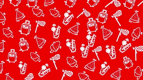 Seamless red pattern with white doodle icons including bottles and fruit Vidéo 331597179