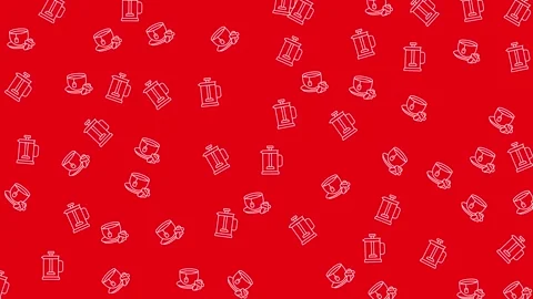 Seamless Red Pattern with White Line Art Icons of Tea Cups and Herbal Food Bowls Stock Footage 345539042