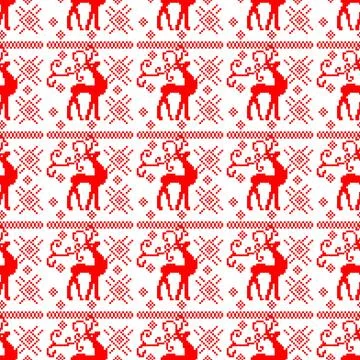 Seamless Red Pixel Reindeer Pattern in Nordic Knit Style Stock Illustration