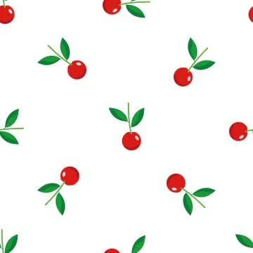 Seamless red ripe cherry berry fruit vector pattern on white background. Stock Illustration
