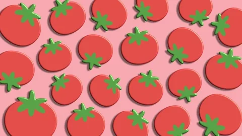 Seamless red tomato pattern on pink background for kitchen decor Stock Footage 324858283