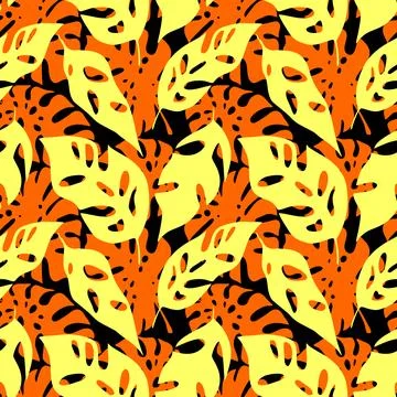 Seamless red-yellow pattern from the contours of tropical leaves on a black.. 스톡 일러스트