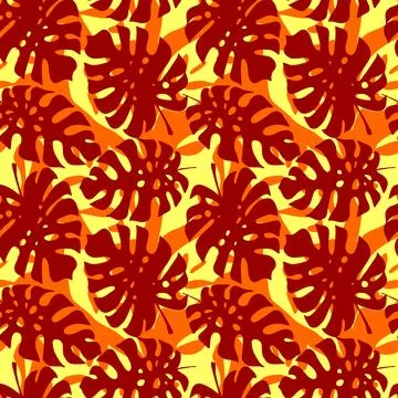 Seamless red-yellow pattern of tropical leaves contours, texture, design Stock Illustration