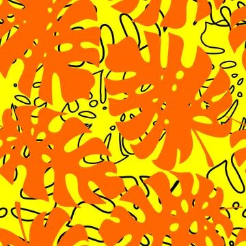 Seamless red-yellow pattern of tropical leaves contours, texture, design Stock-Illustration