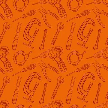 Seamless repair tools pattern in line art style with drill, clamp, pliers Stock Illustration