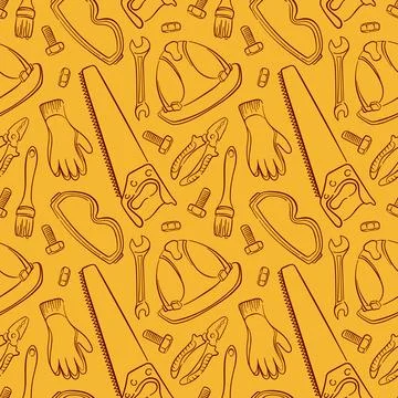 Seamless repair tools pattern in line art style with gloves, saw, pliers, wrench Stock Illustration