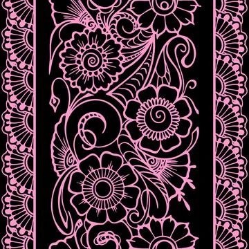 Seamless repeat oriental border, contour pink floral pattern on black Illustrazione stock