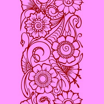 Seamless repeat oriental border, outline burgundy floral pattern on pink Illustrazione stock