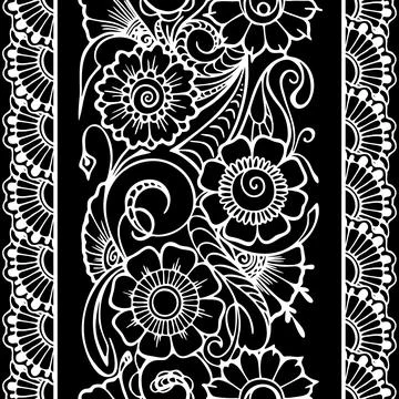Seamless repeat oriental border, outline white floral pattern on black 스톡 일러스트