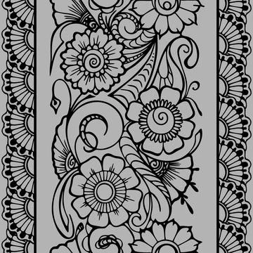 Seamless repeat oriental border, outline black floral pattern on gray Stock Illustration