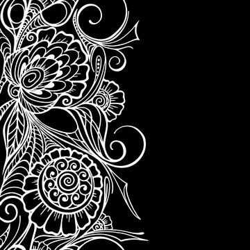 Seamless repeat oriental border, outline white floral pattern on black Stock Illustration